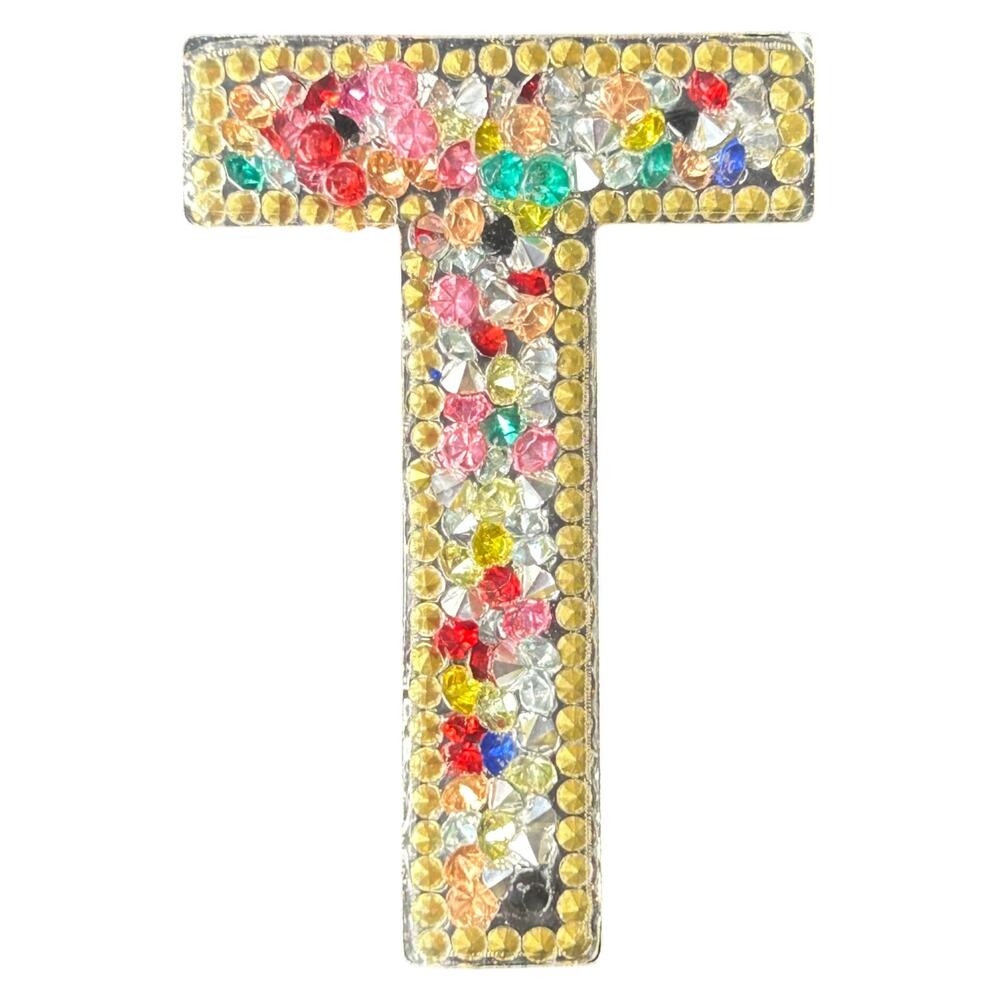 Letter T Multicolor Rhinestone Iron On Patch - Picture 3 of 3